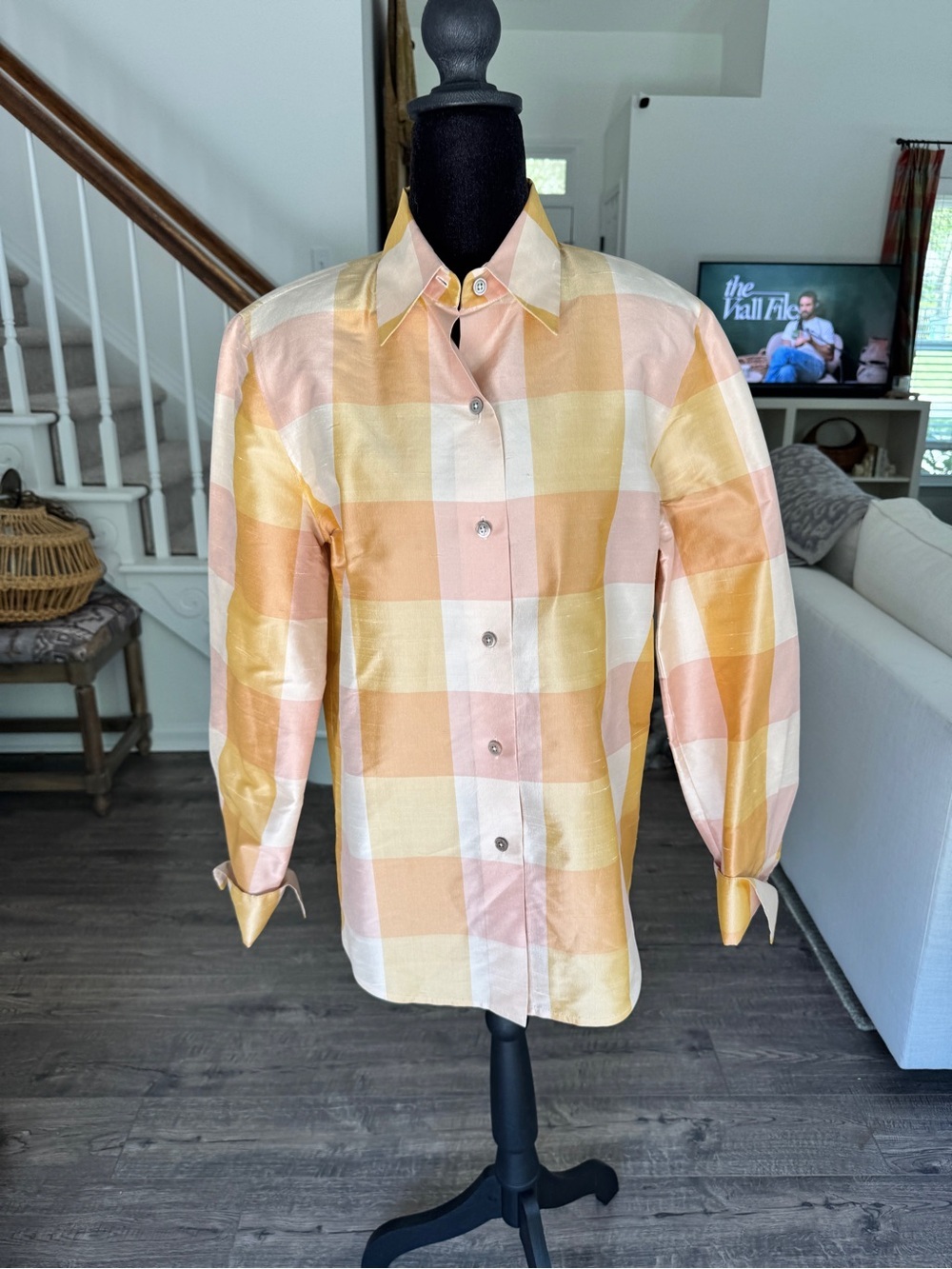 Ellen Tracy Peach and Butter Yellow Plaid Silk Blouse